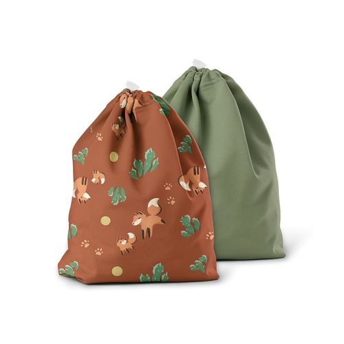 Esembly Ditty Bag Duo - Reusable Waterproof Wet Bags for Cloth Diapers, Swimsuits, Toiletries, and Snacks, Set of 2 - MC Foxes + Aloe