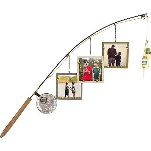 Young's Inc. Wood Fishing Pole Picture Frame Display with Three 4” x 4” Frames - Wall Decor – Hanging Picture Frames