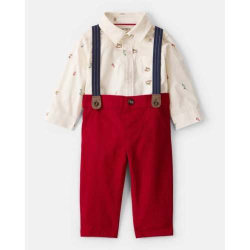 Baby Boy 3-Piece Holiday Print Cotton Long-Sleeve Shirt & Suspender Pant Set - Red/White - Carter's | Carter's