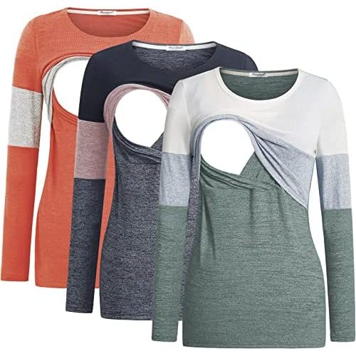 Bearsland Women's 3 Packs Maternity Clothes Long Sleeves Breastfeeding Shirts Nursing Top