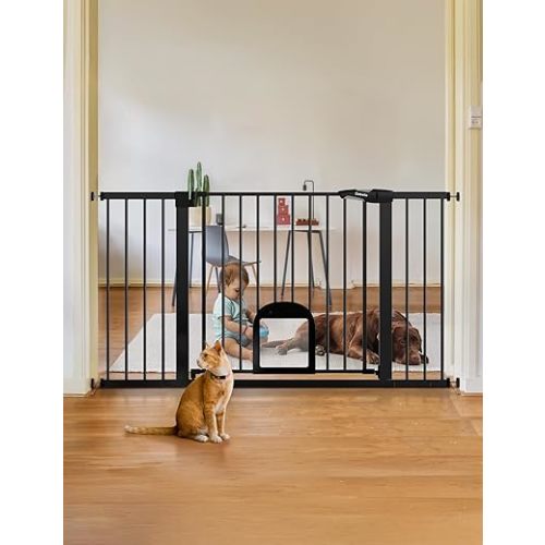 Babelio 36.5-57" Extra Wide Baby Gate with Cat Door,Auto Close&Two Way Swing,Pressure Mounted Dog Gates for Stairs,Doorways,Includes 4 Wall Cups and 3 Extension Pieces,Black