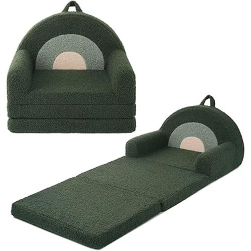 Blissful Diary Foldable Toddler Couch, 2-in-1 Comfy Toddler Chair & Lounger for Reading, Nap, Playroom, Kids Couch Sofa for 1 2 3+ Year Old Girls Boys Birthday Gift, Dark Green Rainbow