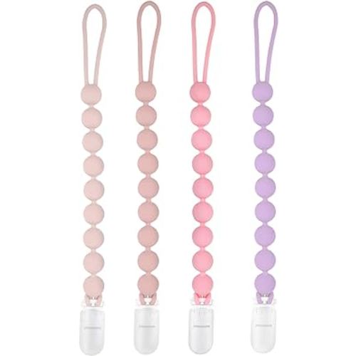 Silicone Pacifier Clip Holder, 4 Pack One Piece Soft Flexible Binky Clips Pacifier Holder Clip for Girls, baby girl newborn essentials, Teething Relief