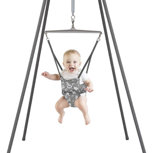 Jolly Jumper Elite (Grey Safari) Baby Exerciser - Sturdy Frame, 6 ft Tall Stand Baby Jumper, Indoor and Outdoor Exercise Saddle Seat, Adjustable Height, for Infants up to 28lbs
