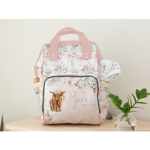 Personalized Baby Girl Diaper Bag, Backpack, Highland Cow, Pink Floral Nursery Decor, Baby Girl Shower Gift, Floral Diaper Bag, Western