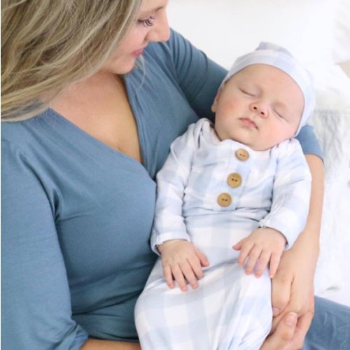 Dusty Blue Gingham Newborn Baby Knot Gown & Hat Set