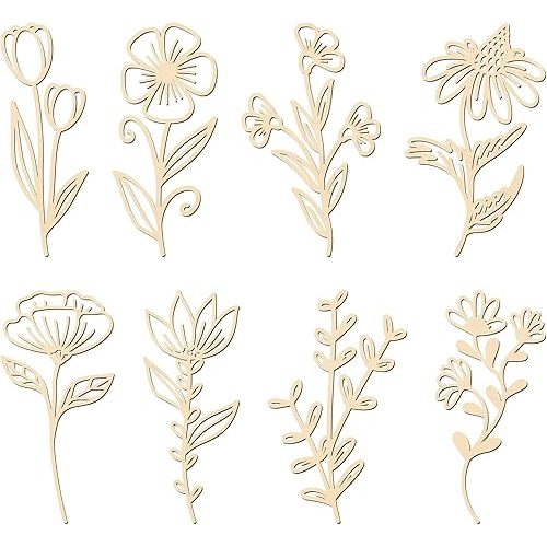 PerKoop 8 Pcs Wooden Flowers Wildflowers Wall Decor, Colorable Wood Floral Cutouts for Crafts, Boho Wall Decals Hanging Sculpture for Nursery Bedroom Living Room Decor(Elegant Style)