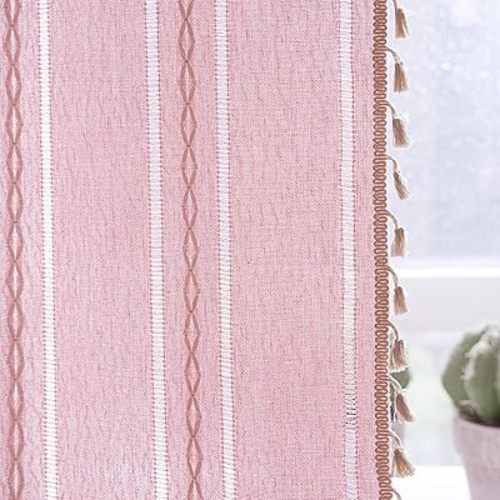 Deeprove Pink Boho Curtains 96 Inches Long for Bedroom Living Room Nursery, Bohemian Chic Textured Embroidery, Vintage Handmade Tassels Country Decor Drapery, Rod Pocket, 1 Panel W52 x L96, Blush