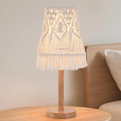 16" Tall Boho Table Lamp - Handwoven Ivory Shade & Solid Wood Base, Bohemian Style Bedside Lamp for Living Room, Bedroom, Study Office Decor