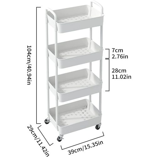 Sywhitta 4-Tier Plastic Rolling Utility Cart with Handle, Multi-Functional Storage Trolley for Office, Living Room, Kitchen, Movable Storage Organizer with Wheels, White