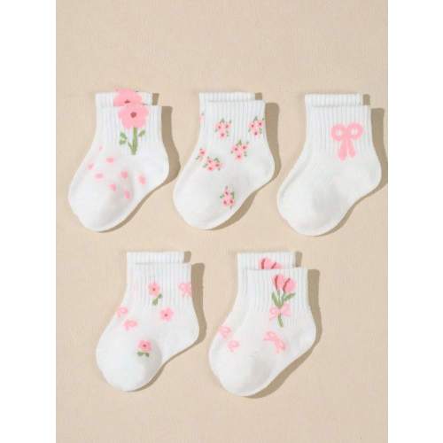 5 Pairs Baby Bow, Polka Dot, Lace Mid-Calf Elastic Socks, White, Autumn/Winter | SHEIN USA