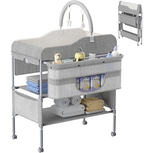 Portable Baby Changing Table, Foldable Changing Table Dresser Changing Station for Infant, Height Adjustable Waterproof Diaper Changing Table, Mobile Nursery Organizer for Newborn Essentials