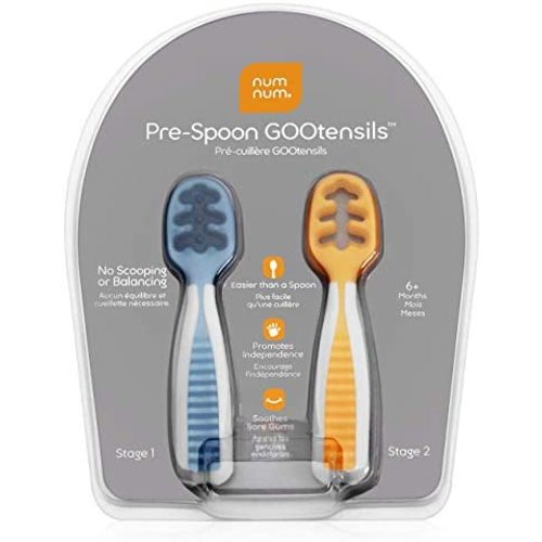 Baby Spoon Set (Stage 1 + Stage 2) | BPA Free Silicone Self Feeding Toddler Utensils | Pre-Spoon for Kids Ages 6 to 18 Months, 1-Pack, Two Spoons, Blue/Orange | NumNum GOOtensils