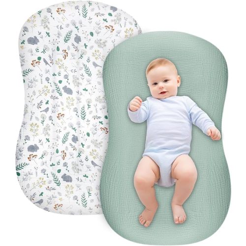 Muslin Baby Lounger Cover, 2 Pack Muslin Cotton Newborn Lounger Cover for Girls Boys, Soft Removable Slipcover for for Infant Lounger (Green, Rabbit) - Green & Grey Rabbit