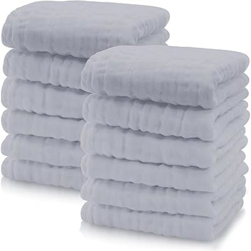 Cute Castle 12 Pack Muslin Baby Washcloths - Large 12'' by 12'' - Ultra Soft 100% Cotton - Super Absorbent Burp Cloths for Unisex, Boy, Girl -Slate
