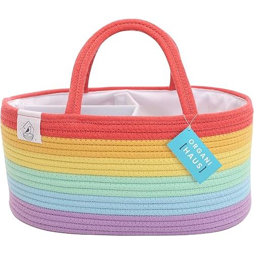 OrganiHaus Rainbow Baby Diaper Caddy Organizer for Girls, Nursery Rope Baby Basket for Organizer, Changing Table Organizer, Woven Diaper Caddy Basket for Storage, Rope Diaper Caddy for Baby Stuff