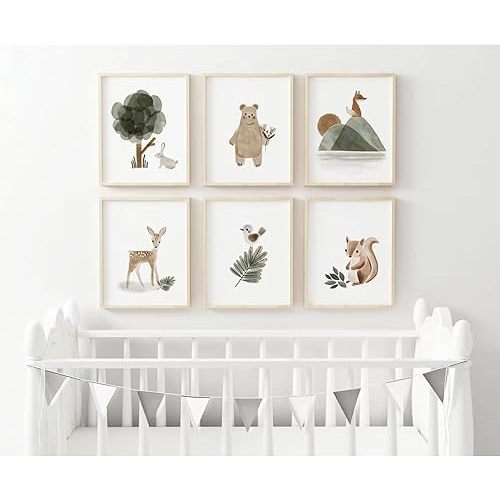 Woodland Nursery Wall Art Decor Set of 6 Animal Canvas Wall Decor Pictures Baby Room Neutral Wall Art Boho Painting Kids Deer Art Prints Nursery Sage Green Artwork for Bedroom 12x16 Inch Unframed
