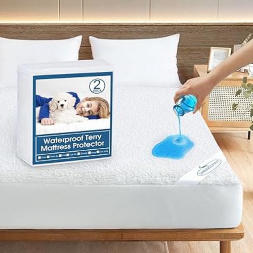 Crib Mattress Protector Waterproof 2 Pack Crib Sheets Fitted Mattress Pad Cover Soft Terry Breathable Fit for Toddler Bed Mattress up - 8" Machine Washable Crib Sheets
