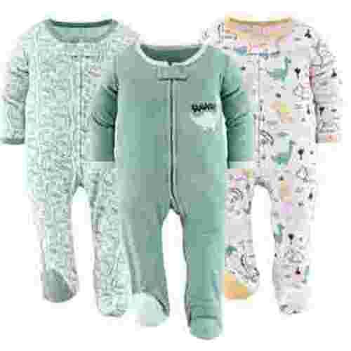 The Peanutshell Sleep n Play Green Dino Footed Pajamas for Baby Boys Set, 0-3 Months, 3-Pack