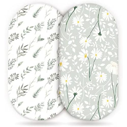GRSSDER Stretchy Ultra Soft Fitted Bassinet Sheet Set 2 Pack, Universal Fit for Bassinets Baby Cradle Moses Basket Oval Rectangle Mattress, Watercolor Daisy Flowers Bassinet Sheets for Girls