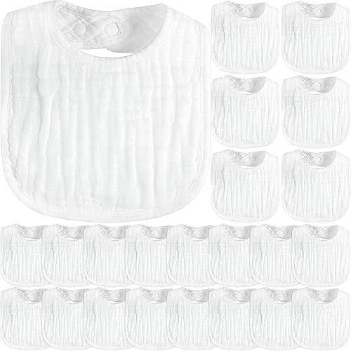 Zhanmai 20 Pack Muslin Baby Bibs Adjustable White Drool Bandana Bibs 6 Absorbent Layers for Newborn Baby Girl Boy Feeding, Drooling and Teething, Machine Washable