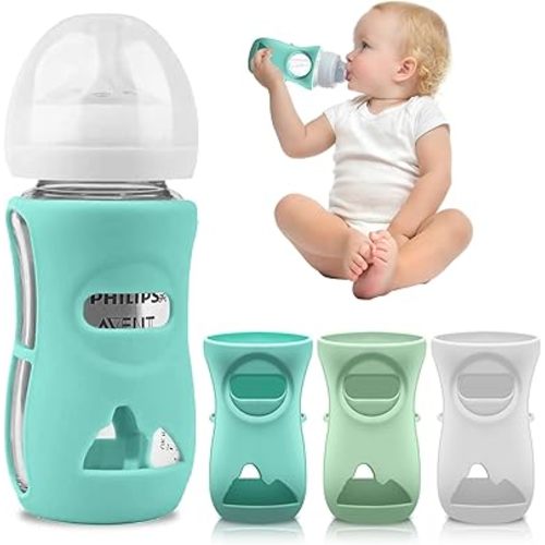 Silicone Avent Glass Bottle Sleeve, Anti Breakage & Scratch-Proof, Protect Philips Avent Glass Bottles, Compatible with Philips Avent Glass Natural Baby Bottle 8 oz, BPA Free (White+Blue+Green)