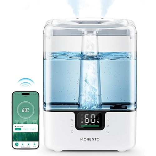 MORENTO Smart Humidifiers for Bedroom Large Room Home, 6L Cool Mist Top Fill Humidifier with Essential Oil Diffuser, Smart App & Voice Control, for Nursery & Plants, White, 1 Pack + 7 Color NightLight