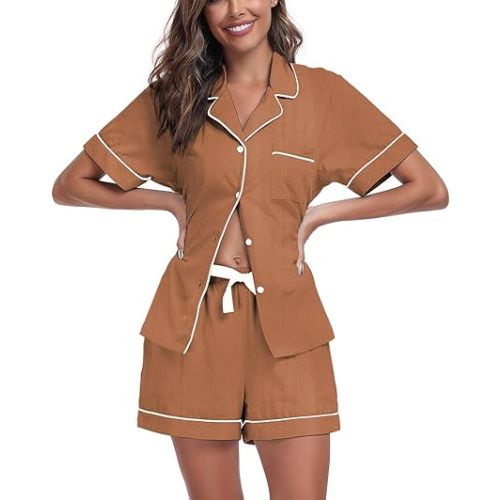 COLORFULLEAF Womens 100% Cotton Pajamas Set Short Sleeve Sleepwear Button Down Pjs Soft 2 Piece Lounge Set with Pockets S-XXL