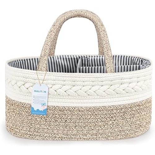 Maliton Extra Large Baby Diaper Caddy Organizer, Cotton Rope Nursery Basket, Portable Diaper Organizer for changing table, Car, Diaper Storage Organizer for Baby Stuff, Baby Shower Gifts for Newborn