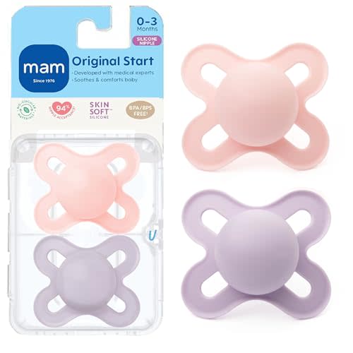 MAM Original Start Matte Baby Pacifiers 0-3 Mths, BPA-Free Skin Soft Silicone Nipple, Developed with Medical Experts Specially for Smaller Newborn Mouths, Easy to Clean, 2 Pk with Sterilizer Case