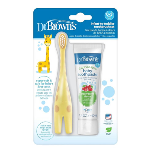 Dr. Brown's Infant-to-Toddler Training Toothbrush Set with Fluoride-Free Baby Toothpaste, Strawberry - Giraffe - 1.4oz - 0-3 years