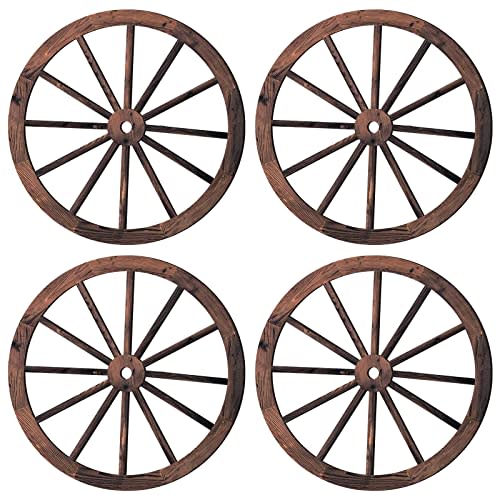 Qunclay 4 Pcs Wooden Wagon Wheel Wall Decor Old Western Wood Boho Wall Art Farmhouse Boho Wagon Wheels Rustic Yard Decor Wood Hanging Decorations for Garden Home Bar Garage (17.7 Inch)