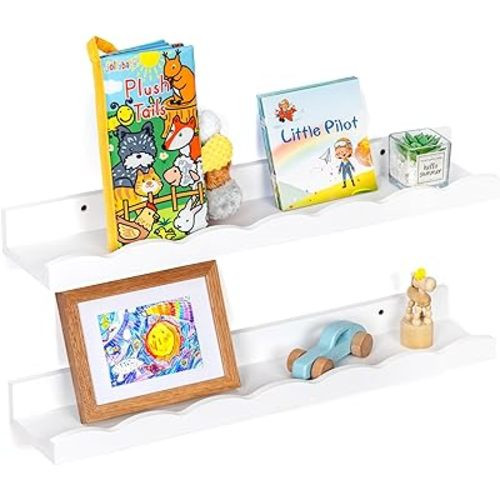 Fun Memories Picture Ledge Shelf for Wall, 24 inch Pine Wood Nursery Book Shelves Set of 2- Wall Book Shelves for Kids Room, Home Decor - Kitchen Spice-White