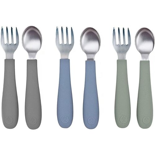 WeeSprout Toddler Utensils, 3 Forks & 3 Spoons, 18/8 Stainless Steel & Food Grade Silicone, Thick Easy-Grip Handles, Perfect Length For New Self Feeders, Gentle On Gums & Teeth, Dishwasher Safe