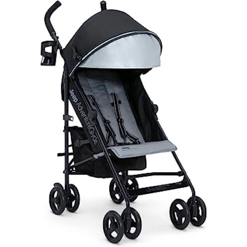 Jeep AdventureGlyde Stroller by Delta Children - Lightweight Travel Stroller with Smoothest Ride & Compact Fold, 3-Position Recline, Extra Large Storage Basket, Black/Grey