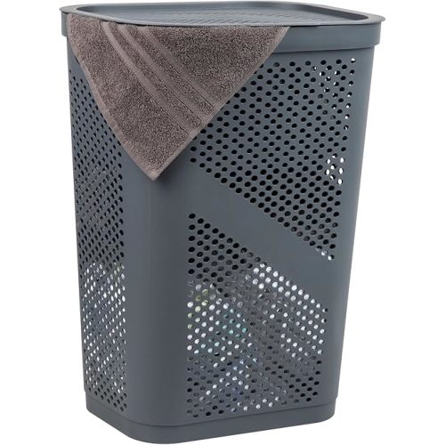 Mind Reader 60L Slim Laundry Hamper, Clothes Basket, Lid, Ventilated, Plastic, 17.25"L x 13.75"W x 23.5"H, Gray