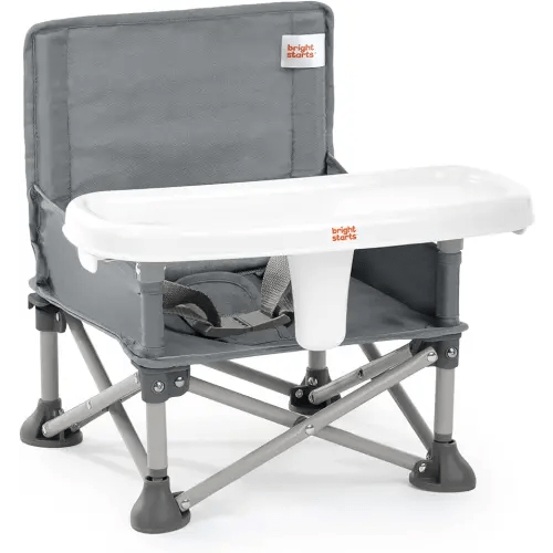 Bright Starts Pop 'N Sit Portable Booster, Indoor/Outdoor Use, Floor Seat with Feeding Tray, Grey, 6 Mos - 3 Yrs