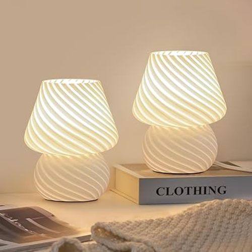 ONEWISH Mushroom Lamps Set of 2 - Small Bedside Table Lamp with Striped Glass, Nightstand Lamp for Bedroom, Living Room, Bulb Included(White)