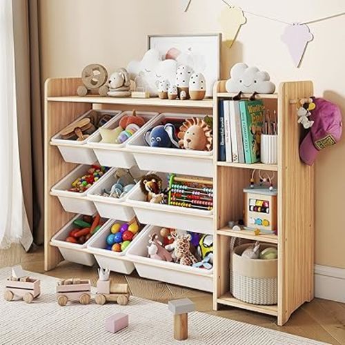 Kids Toy Storage Organizer, Wooden Shelf with 3 Tiers and 9 Storage Bins, Nursery Room Organizer for Books and Toys, White and Natural Wood