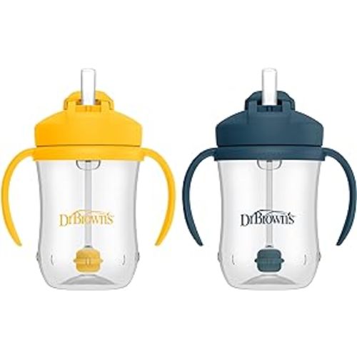Dr. Brown’s Milestones Baby’s First Straw Cup, Training Cup with Weighted Straw, Dark Blue & Vintage Yellow, 2 Pack, 6m+ - 9oz/270ml, 2 Pack