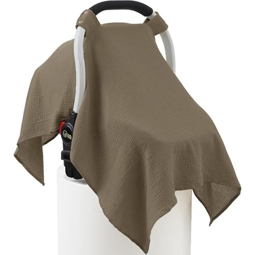 100% Muslin Cotton Car Seat Cover Baby, Carseat Canopy Cover, Universal Fit Stroller Covers for Boys and Girls (Coffee)