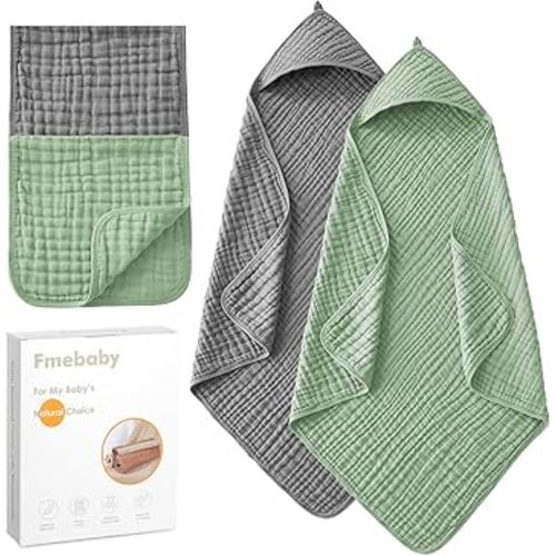 Hooded Baby Towels for Newborn, 2 Pack 36x36 Inch Muslin Cotton Baby Bath Towel and 12x12 Inch Washcloth Set with Hood for Babies, Toddler and Kids, Essentials Must Haves (Grey and Green)