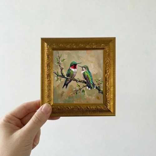 Hummingbird Couple Oil Painting Small Framed Canvas Wall Art