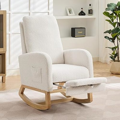Aoiy & Wifon Rocking Chair Nursery, Modern Nursery Rocking Chairs with Side Pocket & Footrest, Upholstered Rocking Chair Nursery Glider, Boucle, Ivory