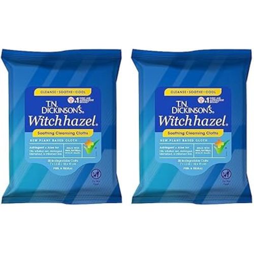 T.N. Dickinson's Witch Hazel New Soothing MultiUse Cleansing Cloth, Clear, 25 Count (Pack of 2)