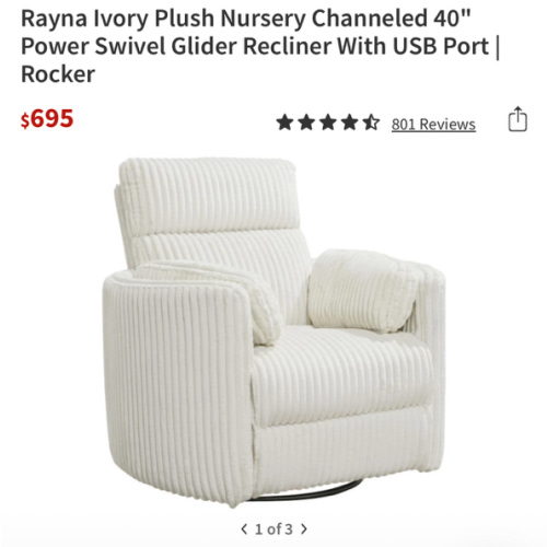 Rayna Ivory Plush Nursery Channeled 40" Power Swivel Glider Recliner With USB Port | Rocker | Living Spaces