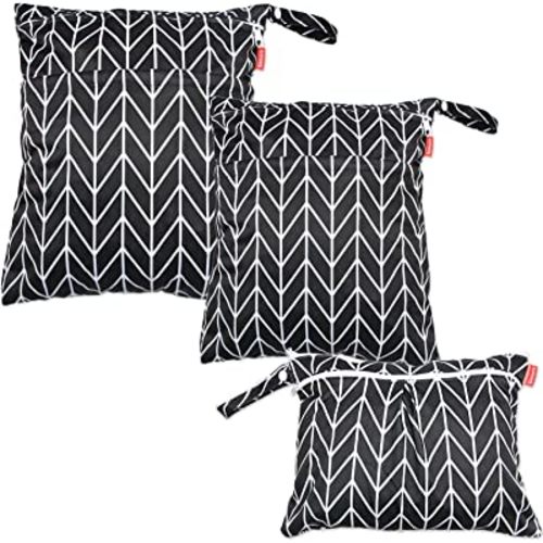 Damero 3pcs Travel Wet and Dry Bag with Handle for Cloth Diaper, Pumping Parts, Clothes, Swimsuit and More, Easy to Grab and Go, Black Arrows