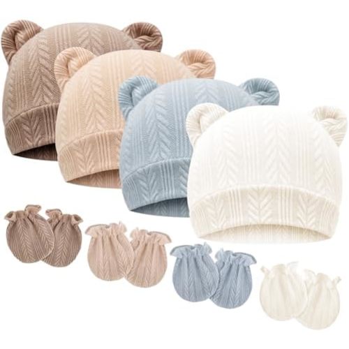 BQUBO Newborn Baby Hats Bear Ears and Mittens Sets Preemie Caps Baby Boy Girl Infant Hospital Beanie for 0-3 Months