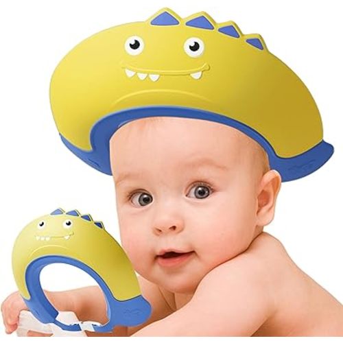Baby Shower Cap Shield, Shower Cap for Kids, Visor Hat for Eye and Ear Protection for 0-9 Years Old Children,Cute Dinosaur shape Makes the Baby Bath More Fun… (Yellow)