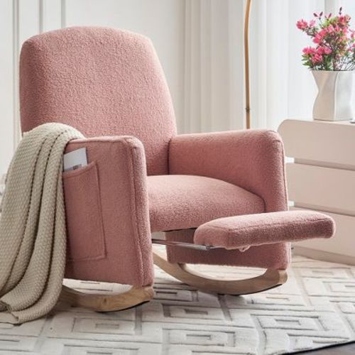 Cotton Linen/Teddy Fabric Nursery Rocking Chair, Upholstered Accent Chair With Adjustable Footrest and Pocket 4W -ModernLuxe